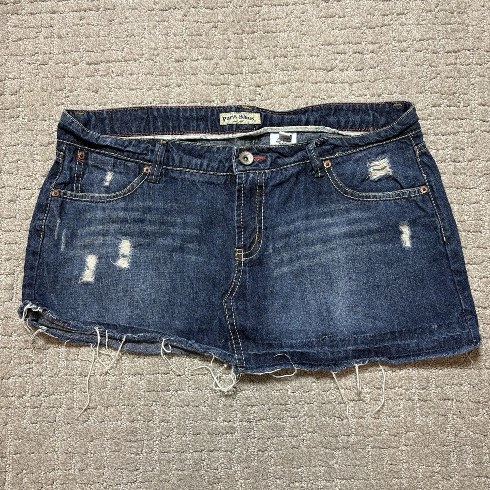 Paris Blues Skirt Womens 13 Blue Juniors Jean Ripped Distressed Denim Boho